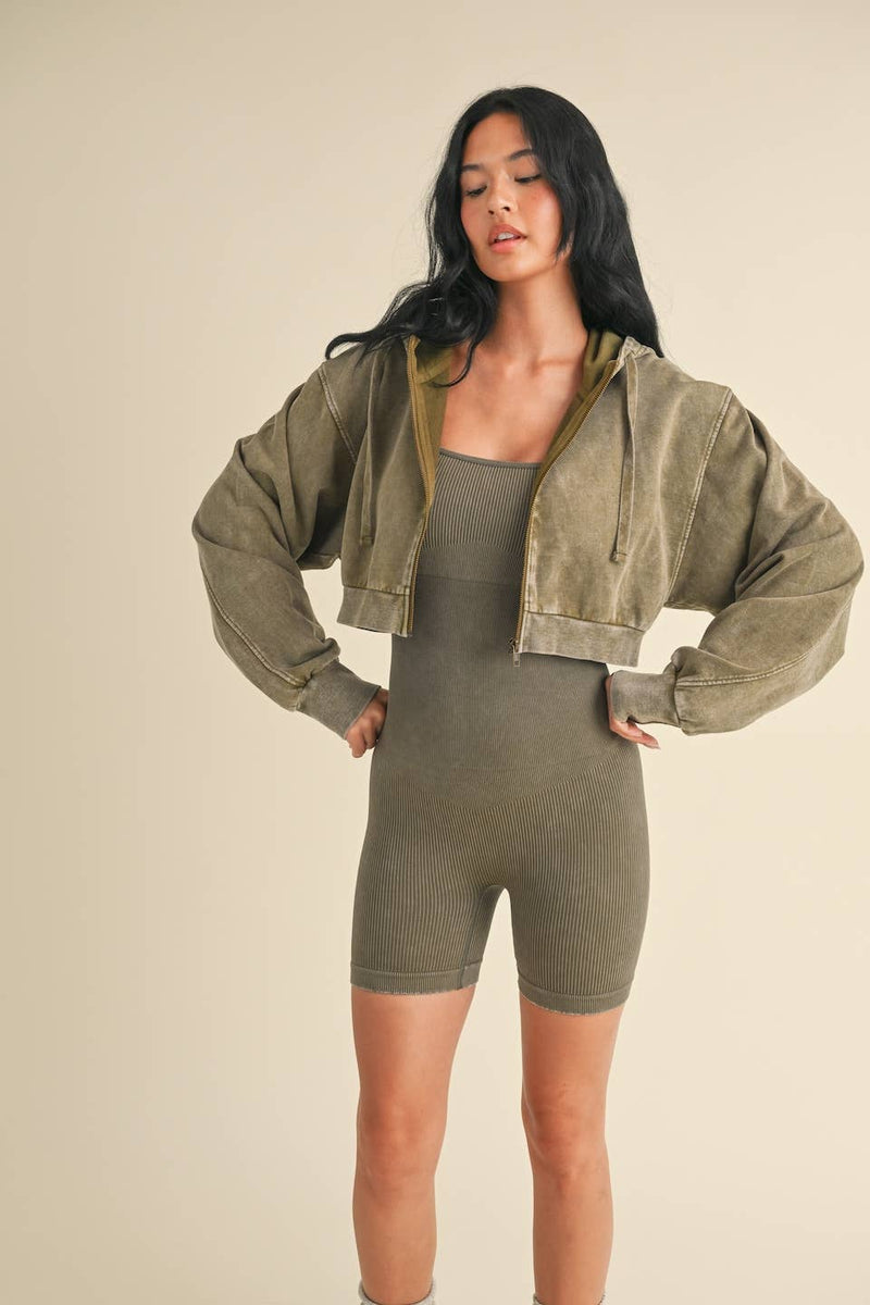 Mineral Wash Crop Hoodie Olive