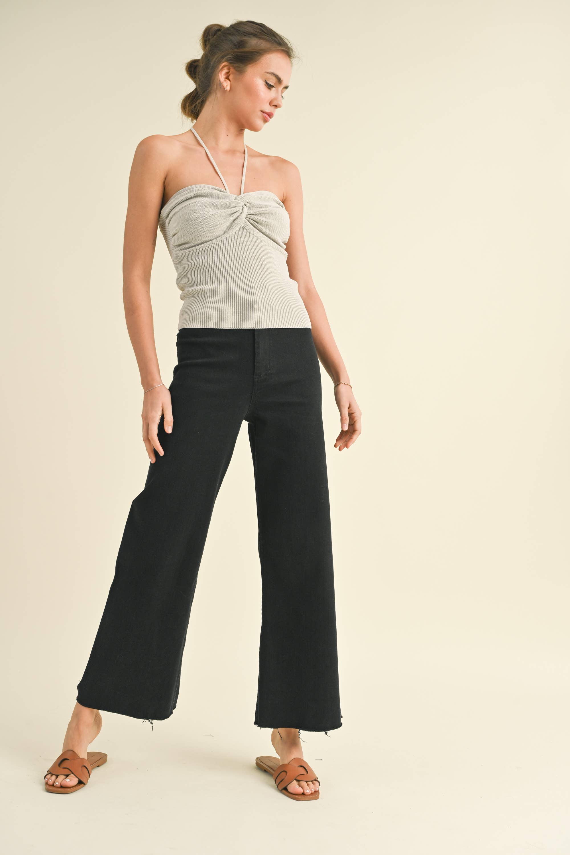 Wide Leg Denim Pants: Fade Black