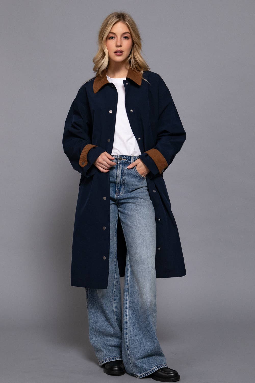 Contrast Collar Trench Coat: Navy