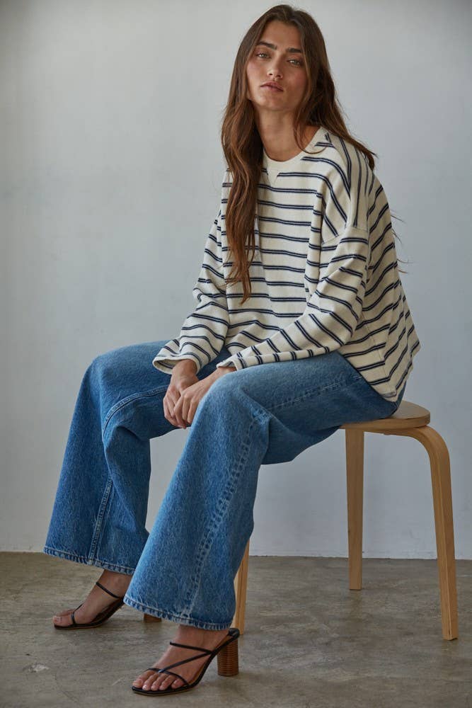 Striped Crew Pullover: Navy