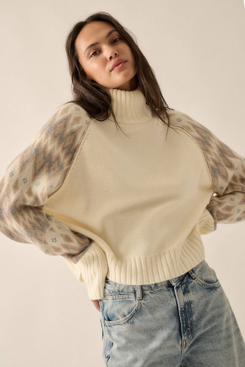 Knit Geo-Print Sweater: Cream