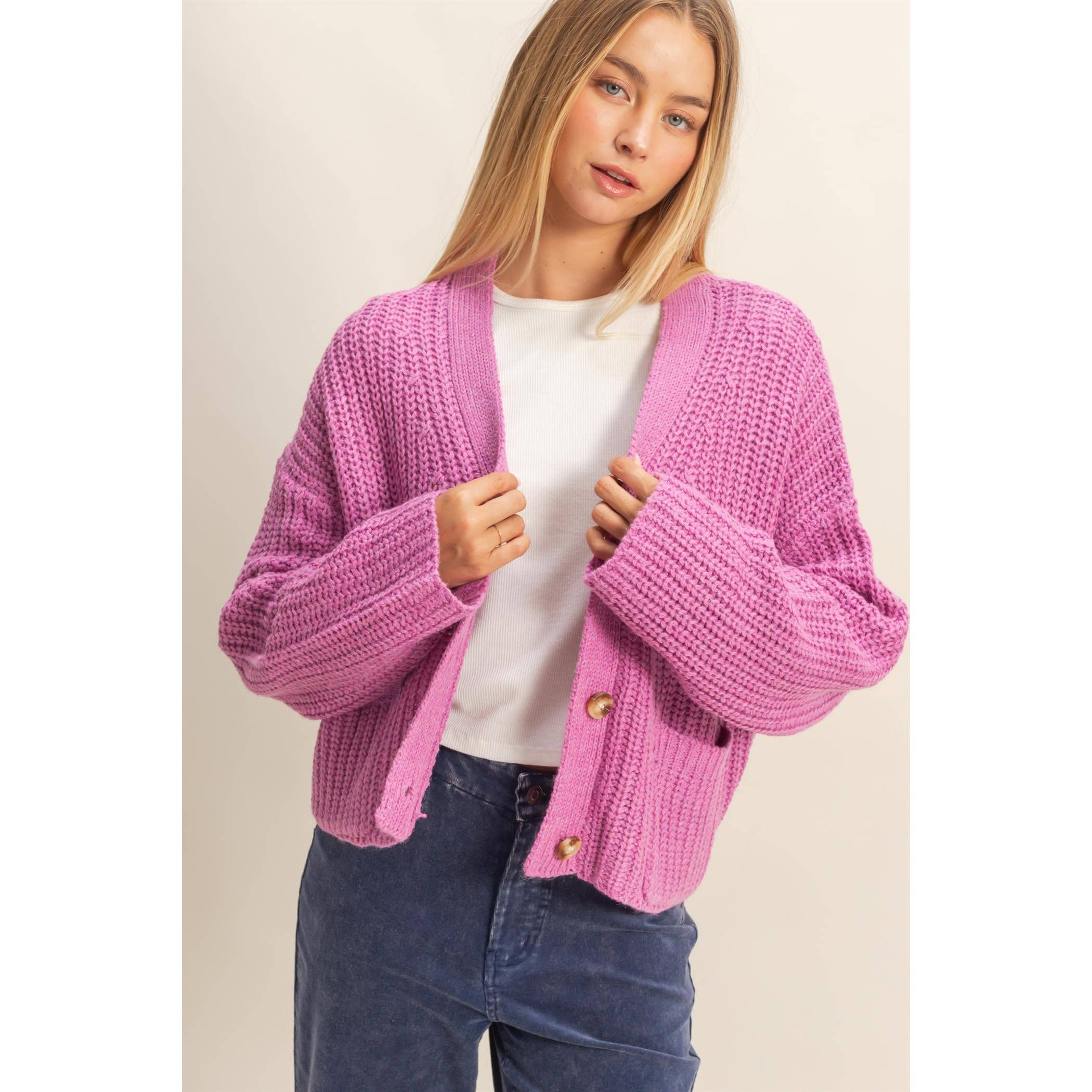 Oversized Ribbed Cardigan:Orchid