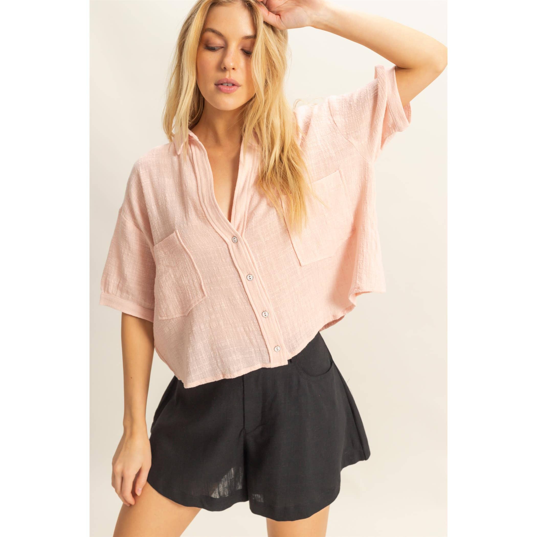 Button-Front Shirt:L.PINK