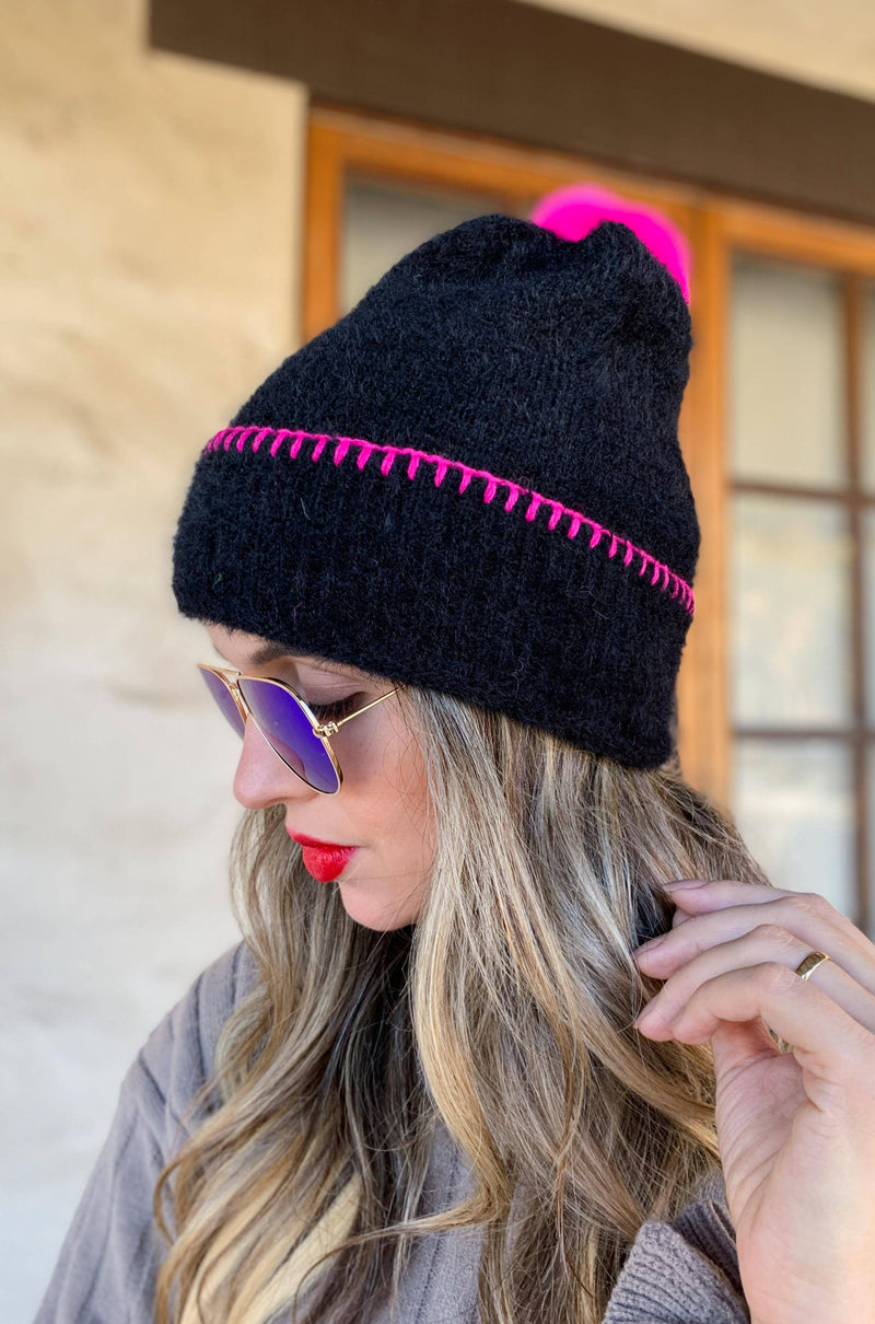 Black Pink Neon-Stitch Detail Soft Fuzzy Beanie With Pompom