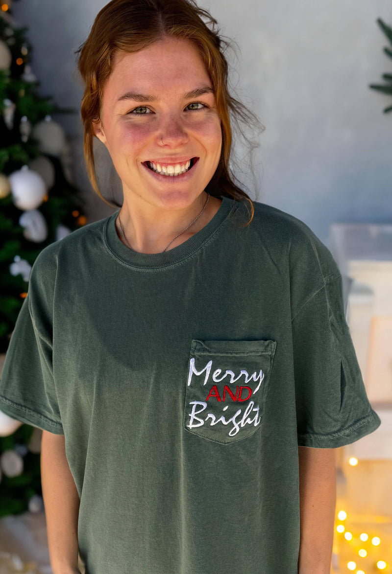 MERRY & BRIGHT EMBROIDERED POCKET TEES