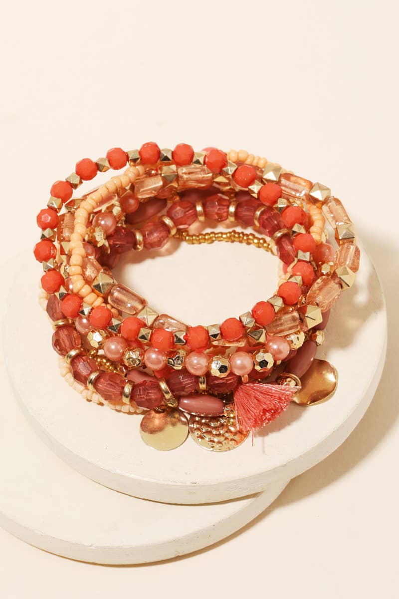 Pink Tassel Bead Bracelet Set