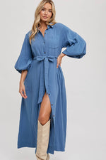 BUBBLE SLEEVE BELTED DRESS